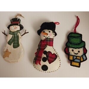 Lot of 3 Handmade/Homemade Snowman Snowmen Ornaments Wooden Sewn & Cross-stitch